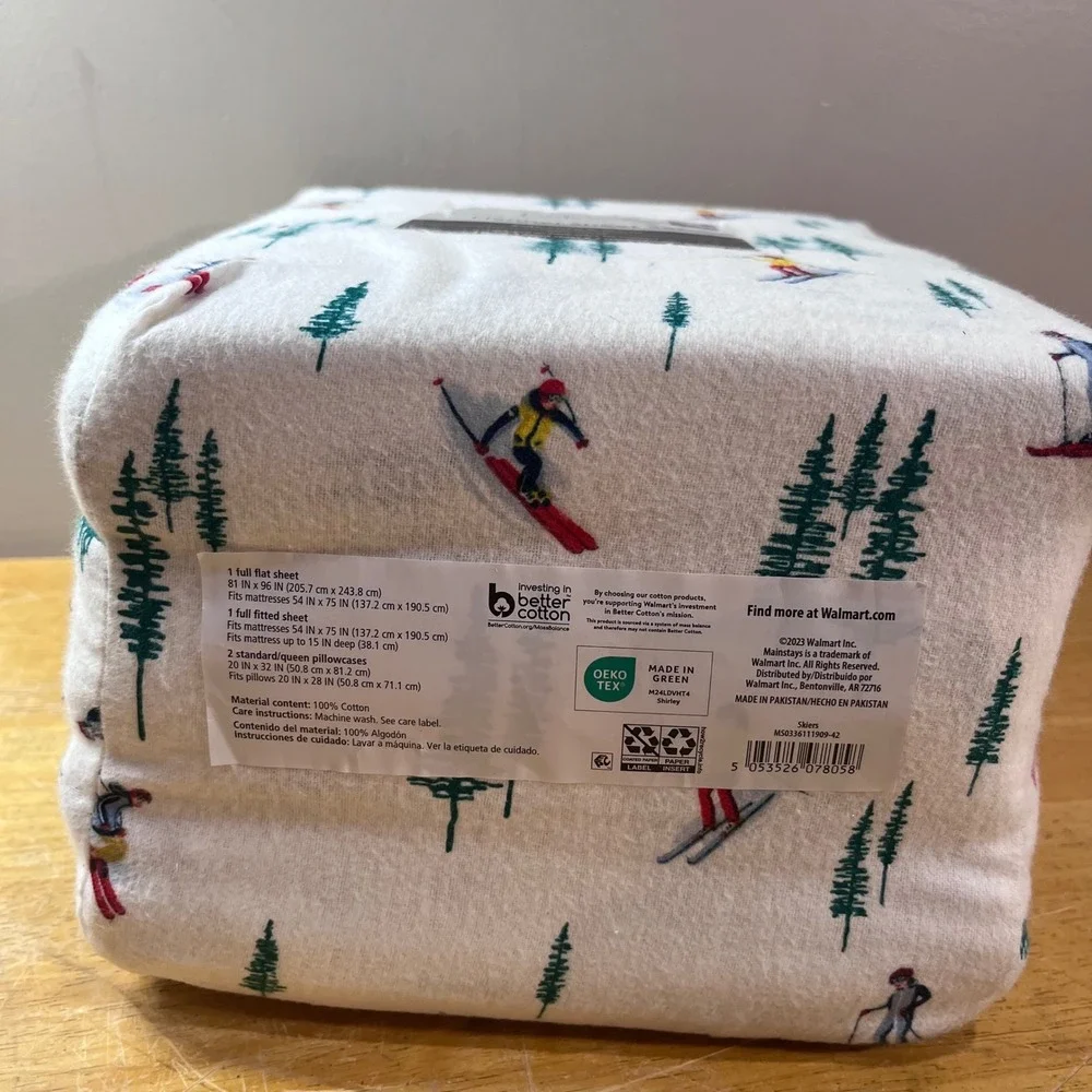 Mainstays Full Flannel Sheet Set Skiers Evergreen Trees White Cotton 4pc New